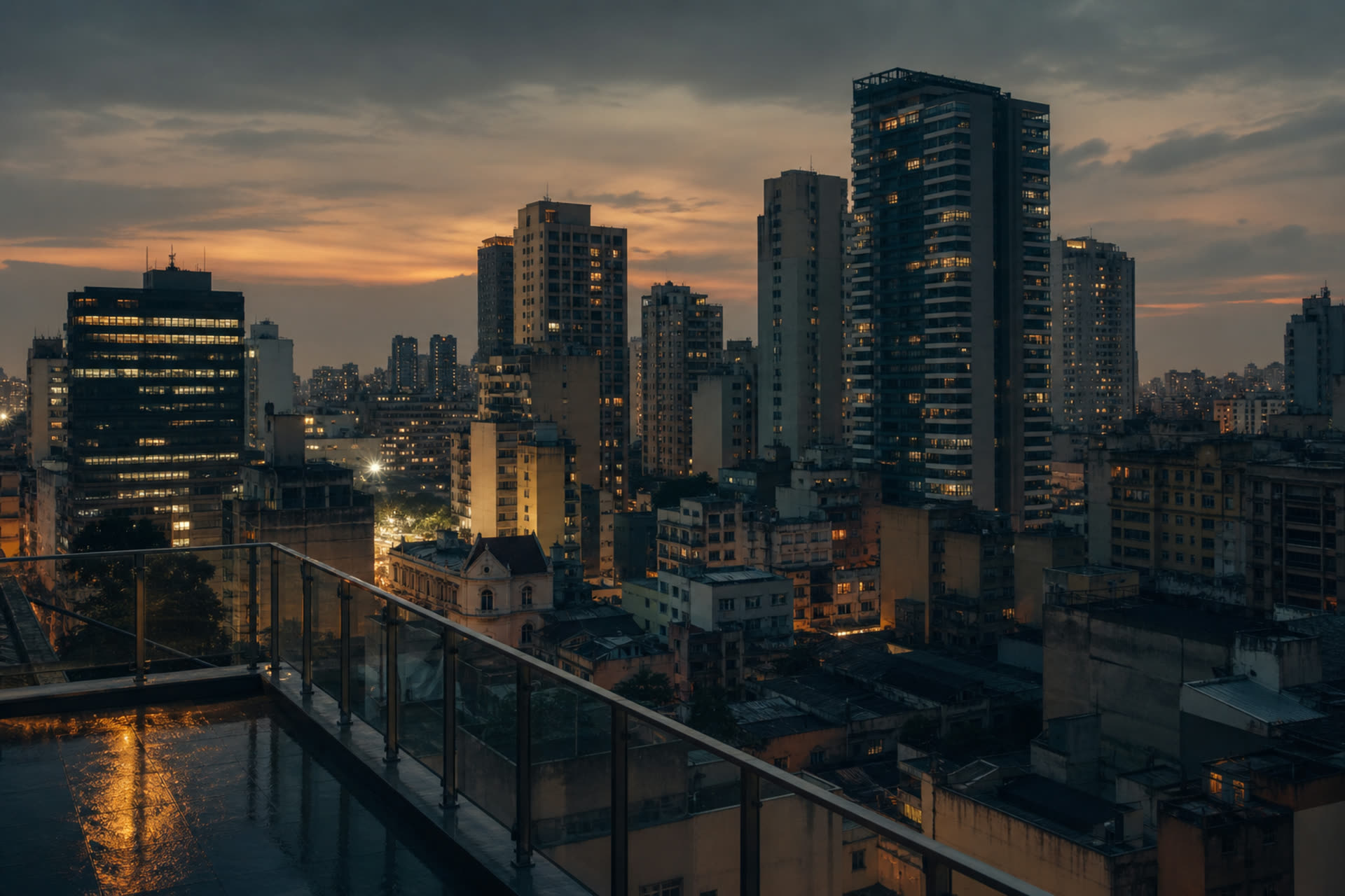 Vista urbana ao anoitecer