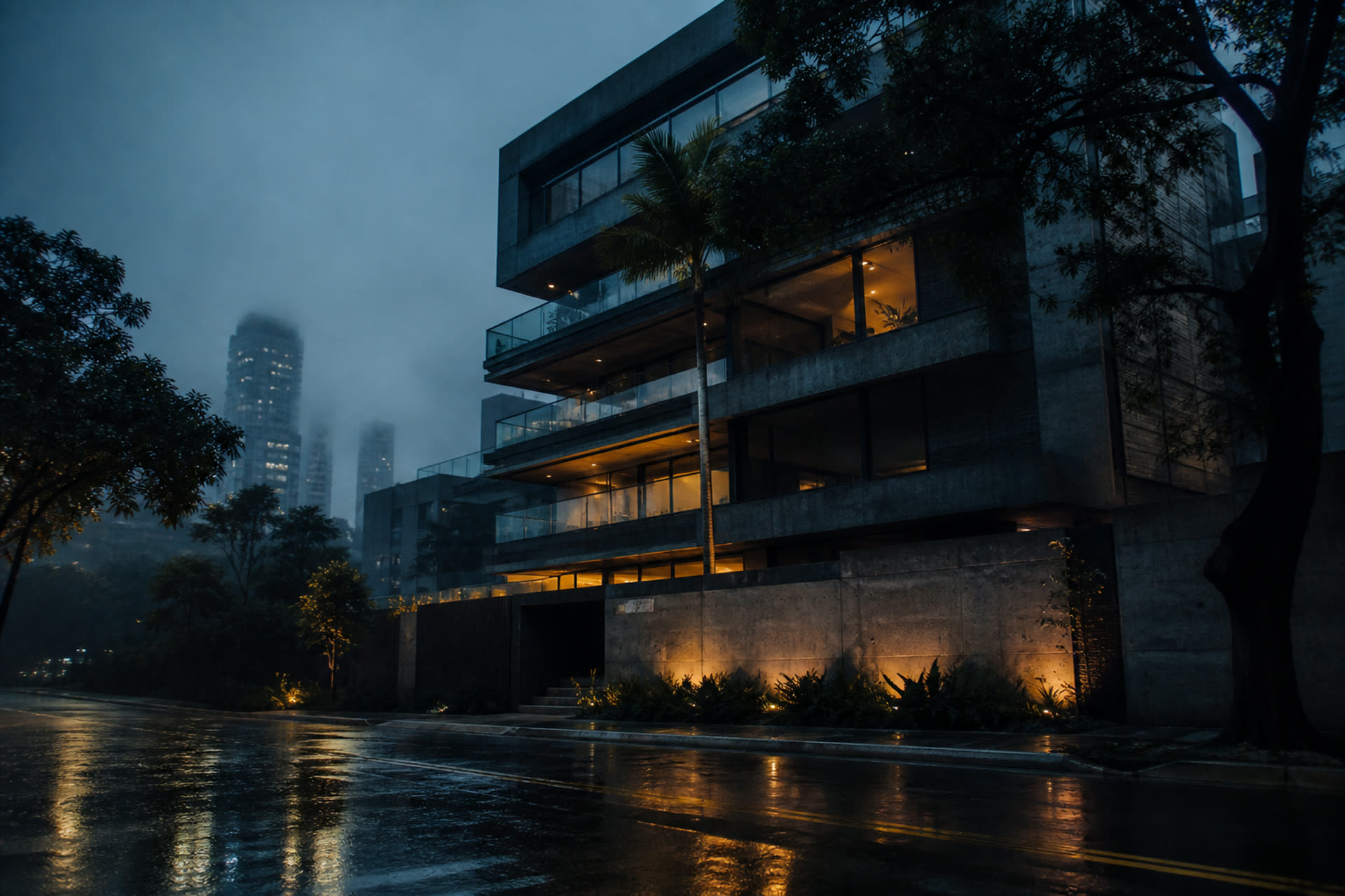 Fachada de um edifício residencial ao anoitecer