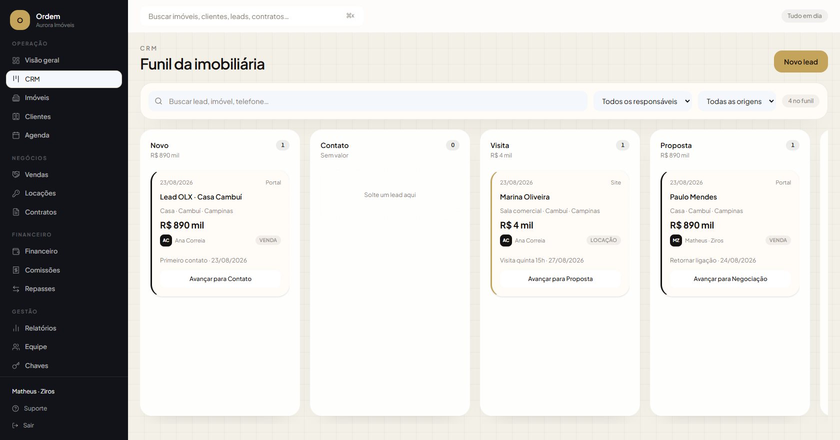 CRM Ordem: funil de leads em Kanban, do primeiro contato ao ganho