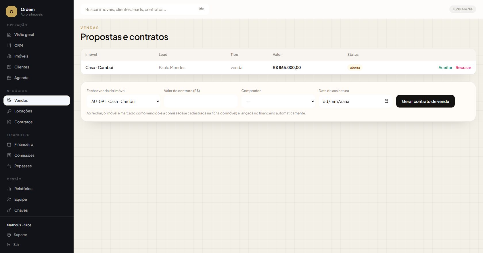 Vendas na Ordem: proposta ligada ao lead e ao imóvel